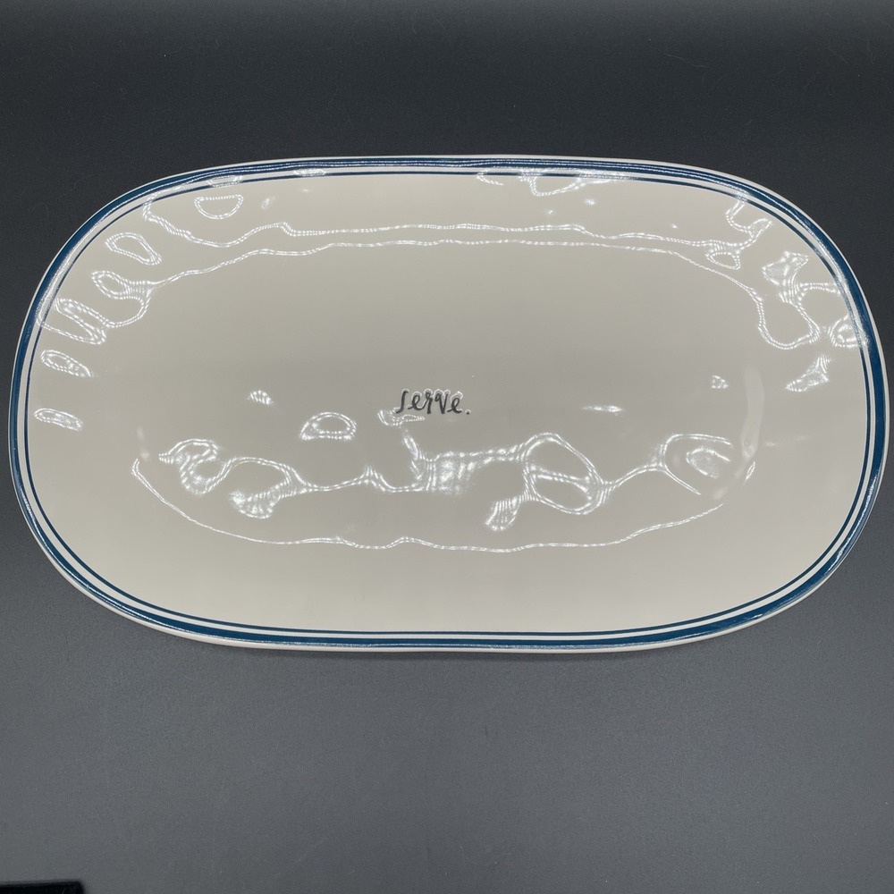 15" Ray Dunn Oval Appetizer Platter "Serve" Artisan Collection Blue Double Band